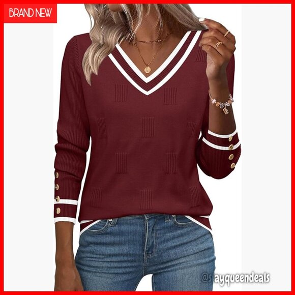 Sweaters - Lightweight Ribbed Knit Pullover Sweater V-Neck Long Sleeve Button Cuff